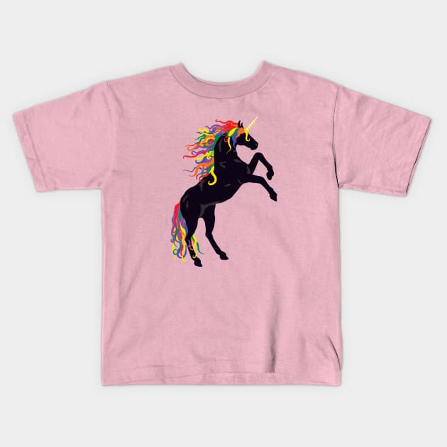 Rainbow Maned Black Unicorn Kids T-Shirt by PeregrinusCreative